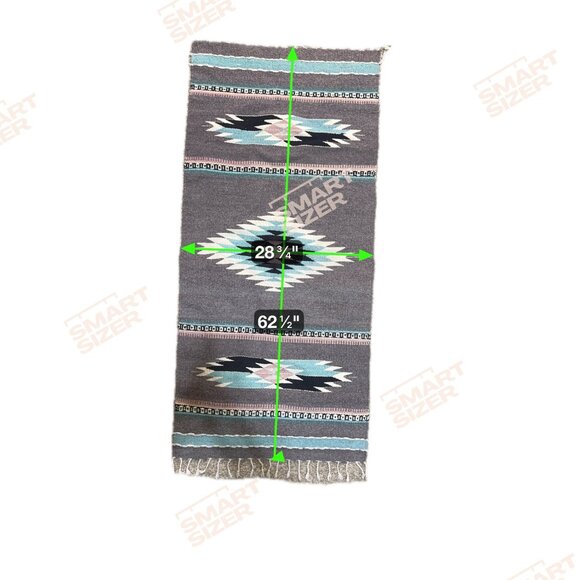 Handwoven Southwestern Aztec Tribal Wool Rug Gray Table Runner Blue Grey Fringe - Picture 5 of 5